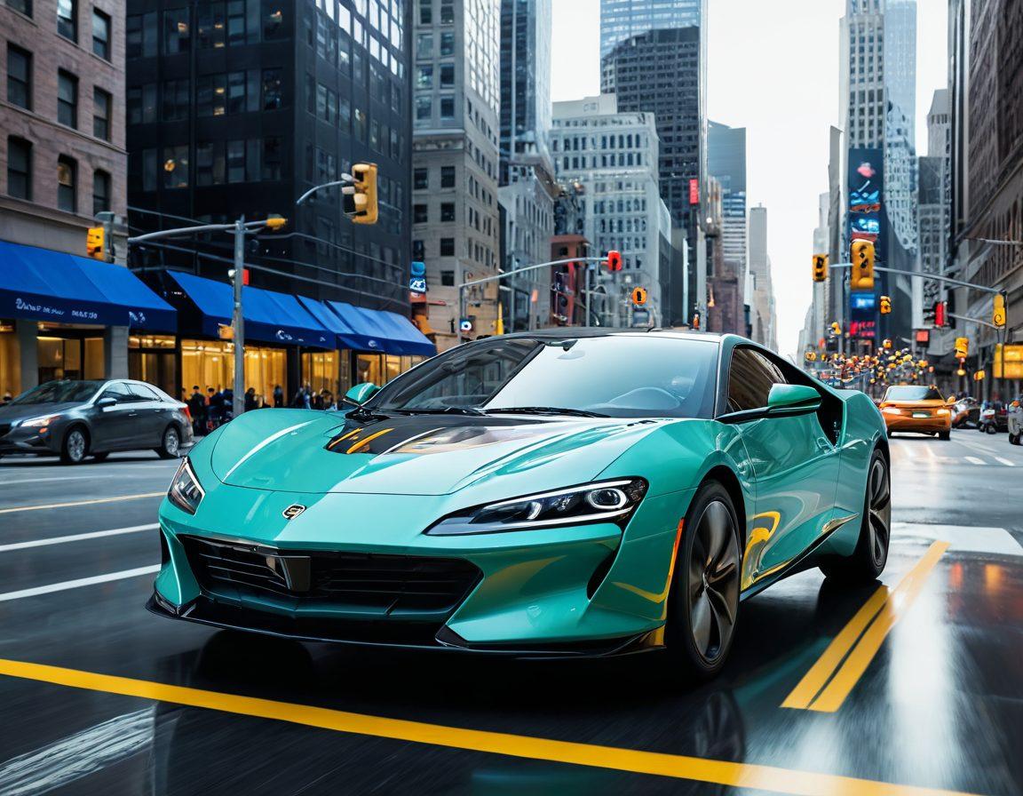 A sleek, modern car surrounded by an invisible shield symbolizing protection, with dollar signs and check marks floating around to suggest savings and comprehensive coverage. In the background, a vibrant cityscape represents the journey of car ownership. The atmosphere is dynamic and engaging, capturing the essence of safety and investment in a car. super-realistic. vibrant colors.