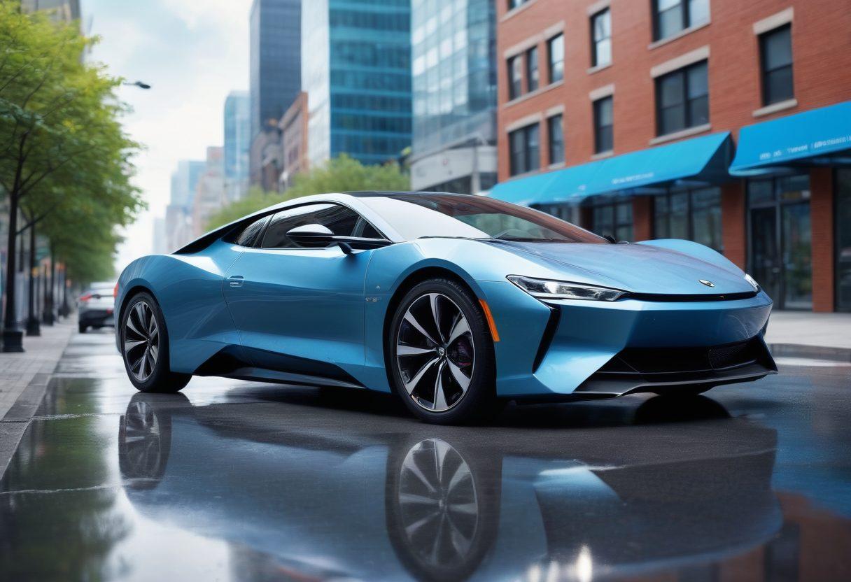 A sleek modern car surrounded by floating icons representing various types of car insurance policies, like a shield for protection, a dollar sign for costs, and a checklist for tips. In the background, a calming cityscape with soft blue hues symbolizes safety and trust. The overall composition is vibrant and informative, engaging the reader instantly. super-realistic. vibrant colors. white background.