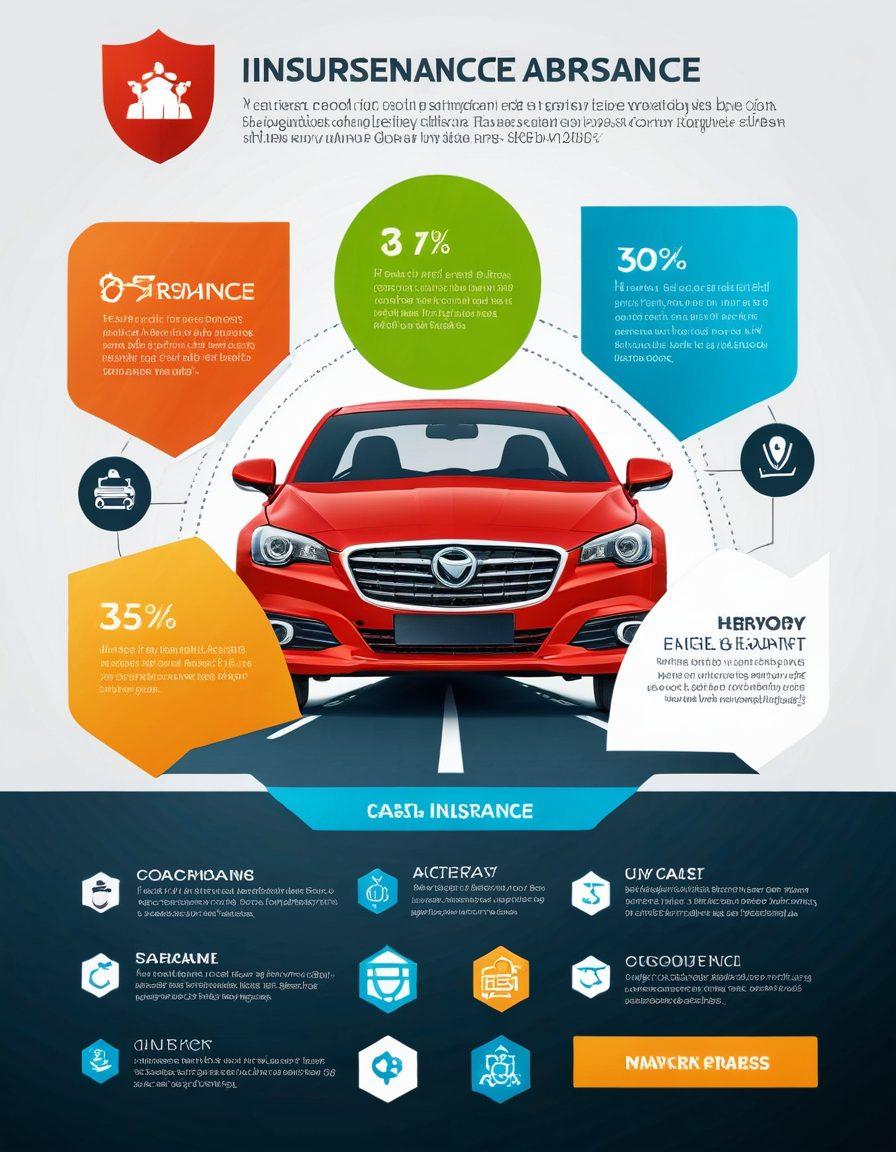 A visually engaging infographic featuring a car with a secure shield representing comprehensive insurance coverage. Integrate icons for cost-saving tips like discounts and safe driving alongside a calculator to symbolize budgeting. Use a vibrant color palette to attract attention, and include text that highlights key benefits of car insurance. Background should be simple to draw focus to the main elements. vector art. vibrant colors. white background.